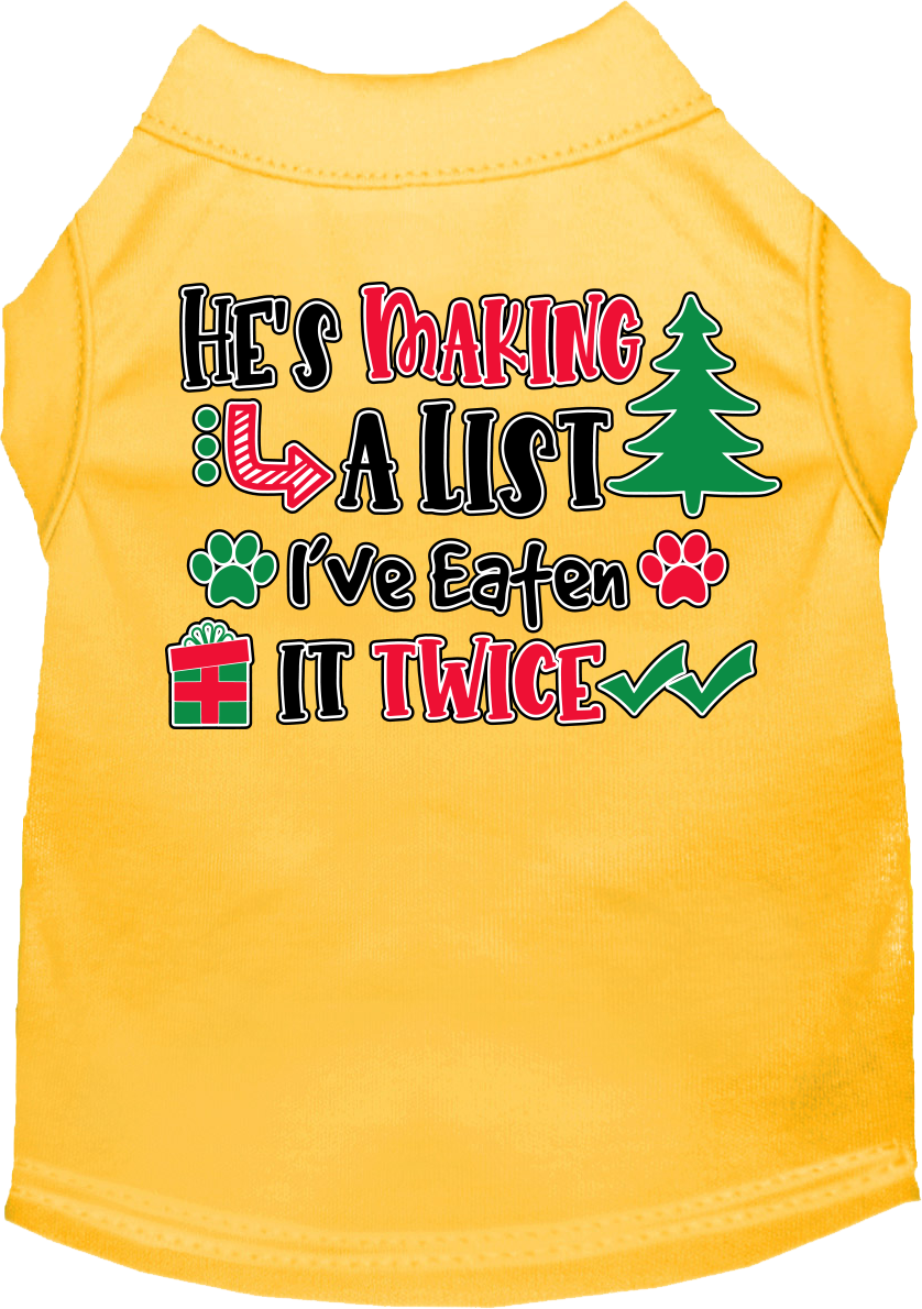 He's Making a List... Screen Print Dog Shirt Yellow Size 6x